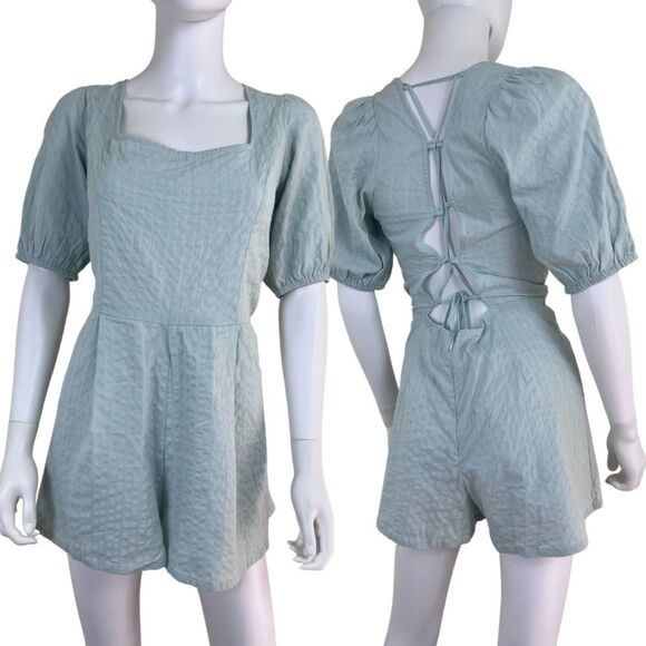 ASOS Women Size 8 Seersucker Mint Puff Sleeve Cotton Corset Lace Up NEW Romper - Picture 1 of 14